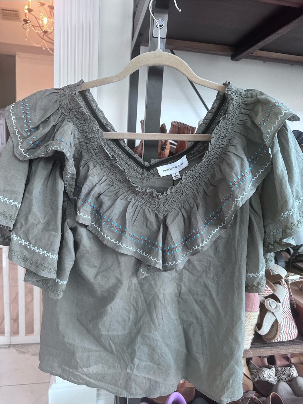 Something Navy Olive Green Ruffle Off-Shoulder Top - New